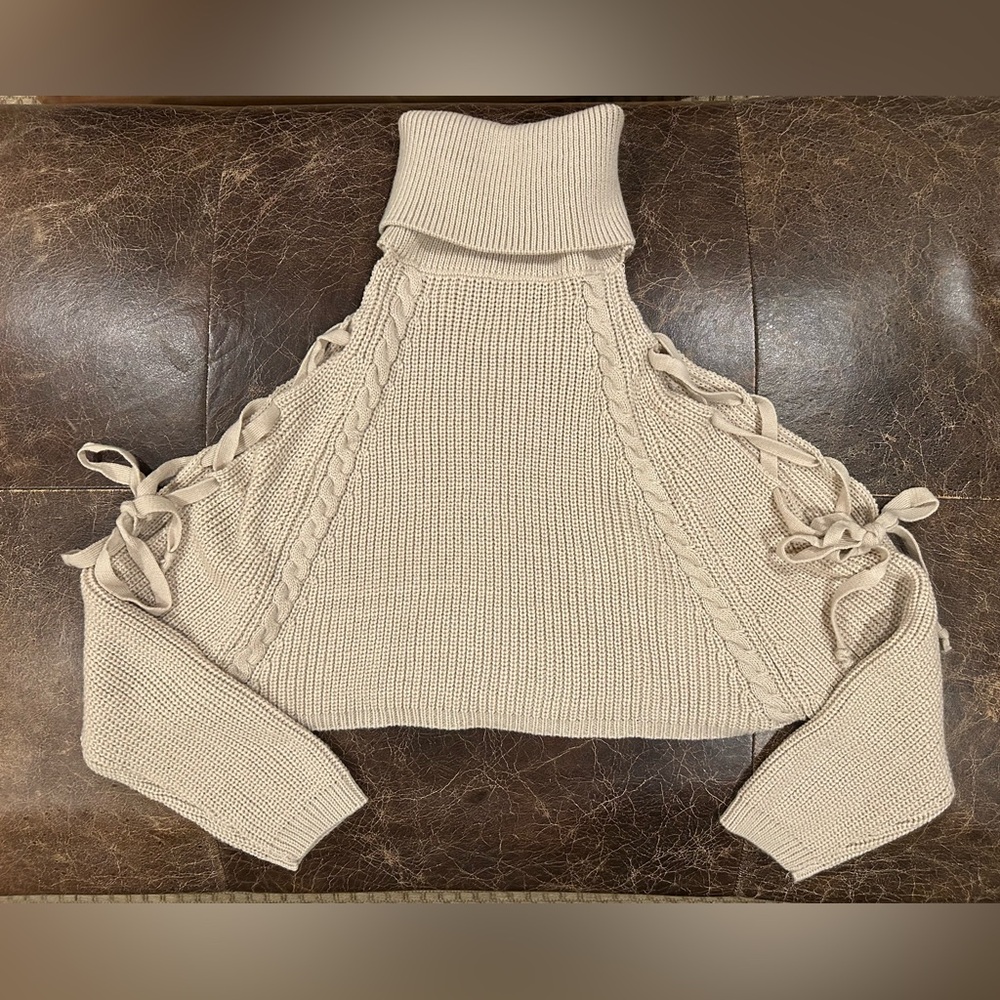 HYFVE Crop Knit Turtleneck Sweater with Lace-up Arm Tie Detail